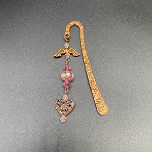 Handmade Copper Tone Heart & Wings Pink Crystal Beaded Bookmark by Neanie-Bot